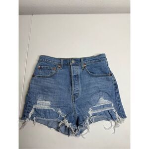 Levi's Blue Distressed Ribcage Denim High Waisted Jeans Shorts 30 Button Fly